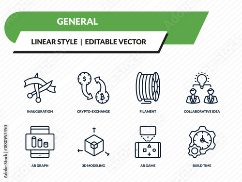 general icons set - inauguration, crypto-exchange, filament, ar game, build time outline vector collection.
