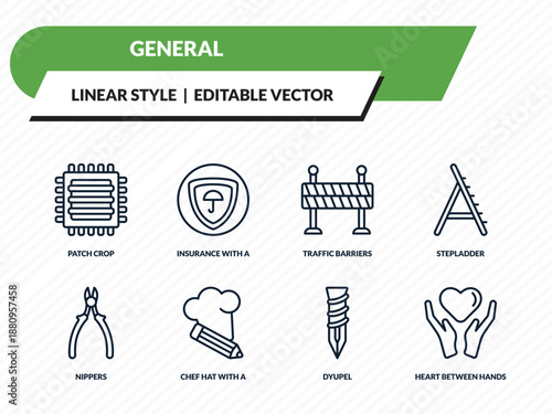 general icons set - patch crop, insurance with a button, traffic barriers, dyupel, heart between hands outline vector collection.
