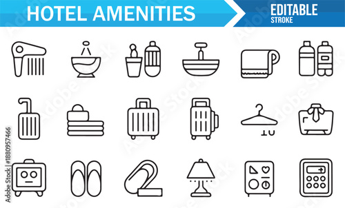 Hotel amenities and hospitality editable vector icon set