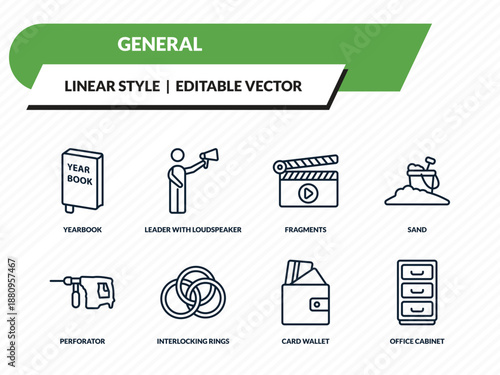 general icons set - yearbook, leader with loudspeaker, fragments, card wallet, office cabinet outline vector collection.