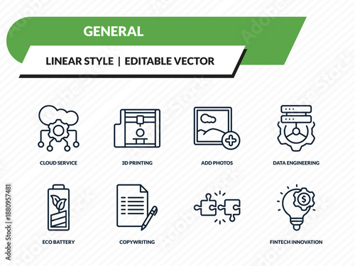 general icons set - cloud service, 3d printing, add photos, , fintech innovation outline vector collection.