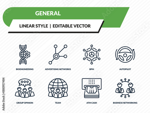 general icons set - bioengineering, advertising networks, bpm, atm cash, business networking outline vector collection.
