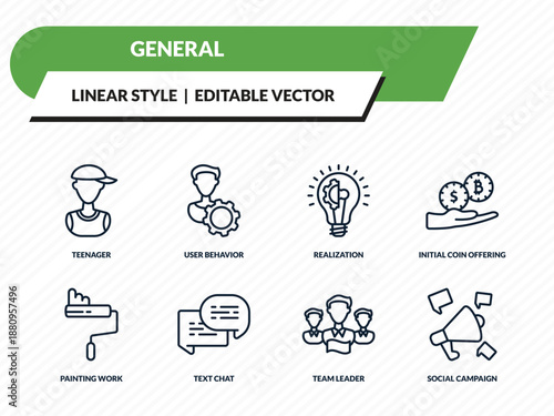 general icons set - teenager, user behavior, realization, team leader, social campaign outline vector collection.