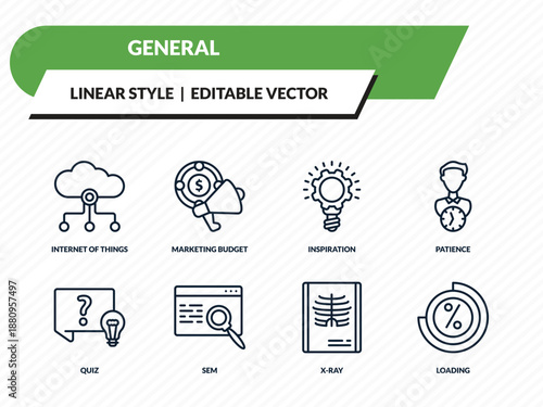 general icons set - internet of things, marketing budget, inspiration, x-ray, loading outline vector collection.
