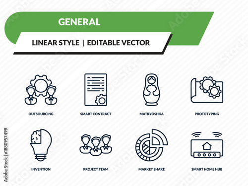 general icons set - outsourcing, smart contract, matryoshka, market share, smart home hub outline vector collection.