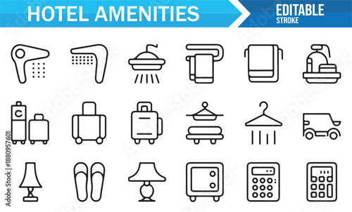 Editable accommodation amenities icons for travel projects