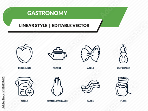 gastronomy icons set - persimmon, teapot, aroni, bacon, floss outline vector collection.