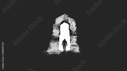 Solitary figure silhouette in a bright, grunge textured archway portal against a dark background, symbolizing discovery, journey, or mystery.
