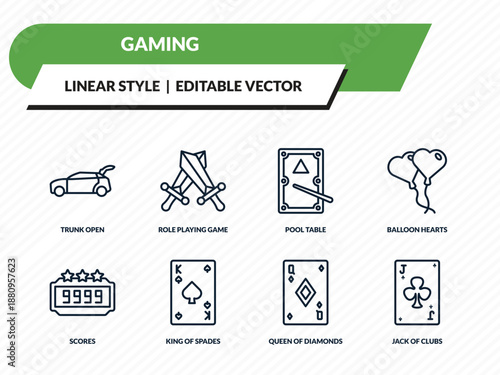 gaming icons set - trunk open, role playing game, pool table, queen of diamonds, jack of clubs outline vector collection.