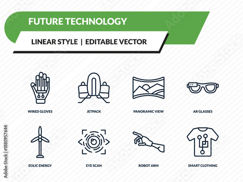 future technology icons set - wired gloves, jetpack, panoramic view, robot arm, smart clothing outline vector collection.