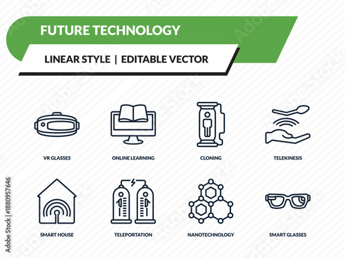 future technology icons set - vr glasses, online learning, cloning, nanotechnology, smart glasses outline vector collection.