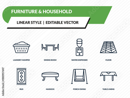 furniture & household icons set - laundry hamper, dining room, water dispenser, porch swing, table linens outline vector collection.