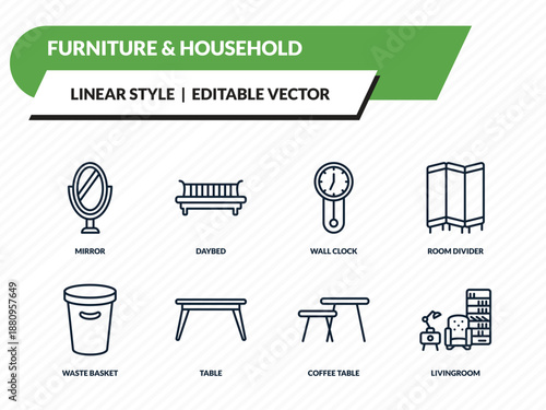 furniture & household icons set - mirror, daybed, wall clock, coffee table, livingroom outline vector collection.