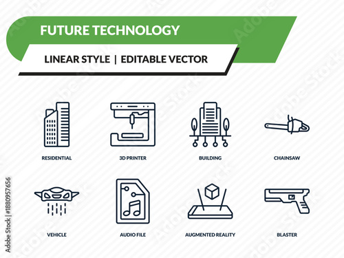 future technology icons set - residential, 3d printer, building, augmented reality, blaster outline vector collection.