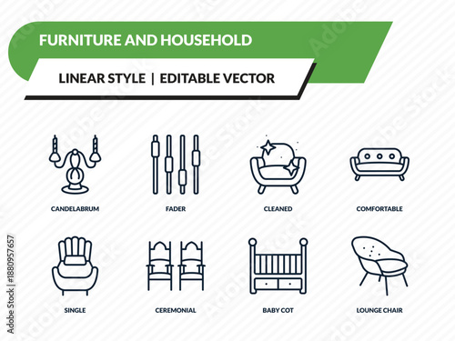 furniture and household icons set - candelabrum, fader, cleaned, baby cot, lounge chair outline vector collection.