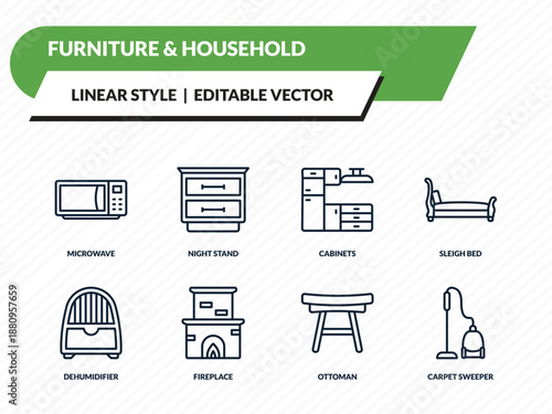 furniture & household icons set - microwave, night stand, cabinets, ottoman, carpet sweeper outline vector collection.