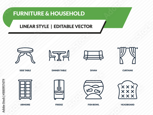 furniture & household icons set - side table, dinner table, divan, fish bowl, headboard outline vector collection.