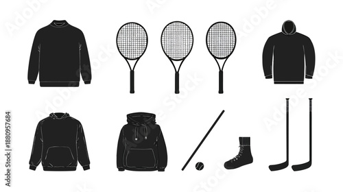 Minimalist black and white vector icons of sports apparel and equipment: hoodies, tennis rackets, golf gear, hockey sticks, sock.