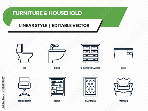 furniture & household icons set - wc, bidet, chest of drawers, mattress, fauteuil outline vector collection.