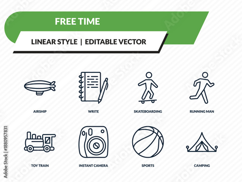free time icons set - airship, write, skateboarding, sports, camping outline vector collection.