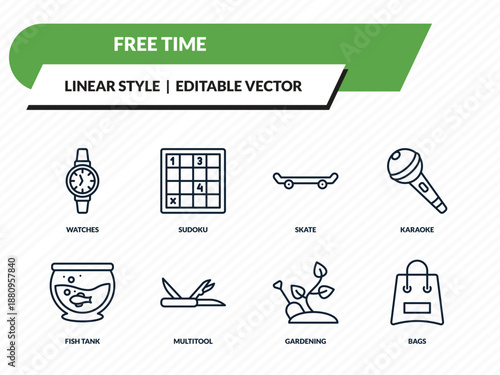 free time icons set - watches, sudoku, skate, gardening, bags outline vector collection.