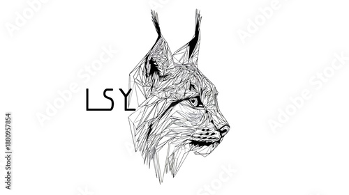 Geometric black and white line art illustration of a lynx head in profile, a modern abstract wild animal design.