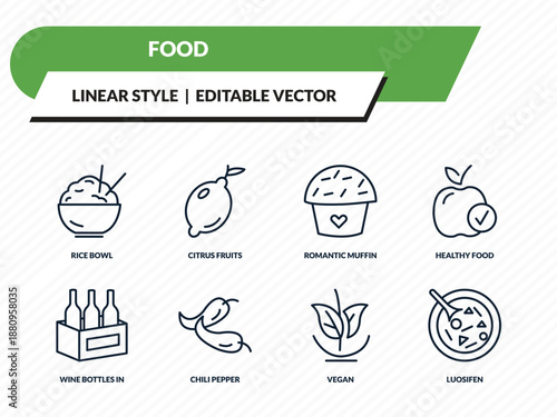 food icons set - rice bowl, citrus fruits, romantic muffin, vegan, luosifen outline vector collection.
