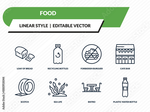 food icons set - loaf of bread, recycling bottles, forbidden burguer, bistro, plastic water bottle outline vector collection.