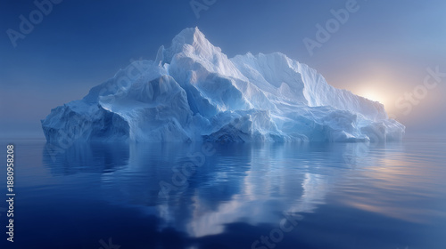 Wallpaper Mural Ultra realistic conceptual polar seascape with a single iceberg floating alone in the open ocean, minimalist wide composition. The iceberg appears small above the waterline, sharpl Torontodigital.ca