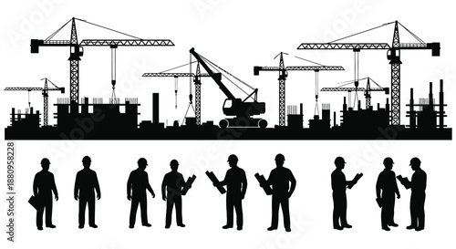 A striking cityscape depiction showing construction cranes buildings under development and tiny human figures all rendered as a silhouette high quality