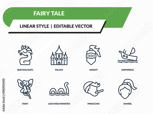 fairy tale icons set - quetzalcoatl, palace, knight, pinocchio, damsel outline vector collection.