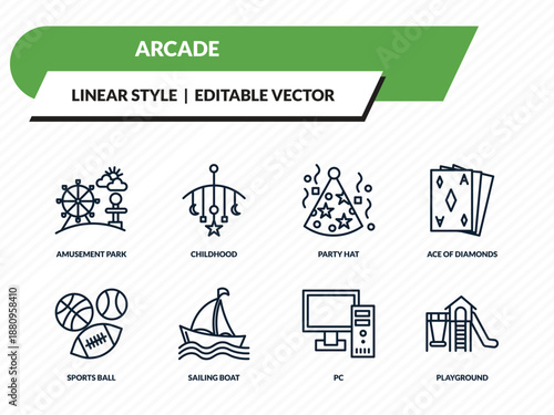 arcade icons set - amusement park, childhood, party hat, pc, playground outline vector collection.