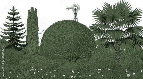 Vintage Cad Drawing Flat Vector Illustration of a Garden with Evergreen Trees Palm Plants Large Topiary Bush and Farm Windmill