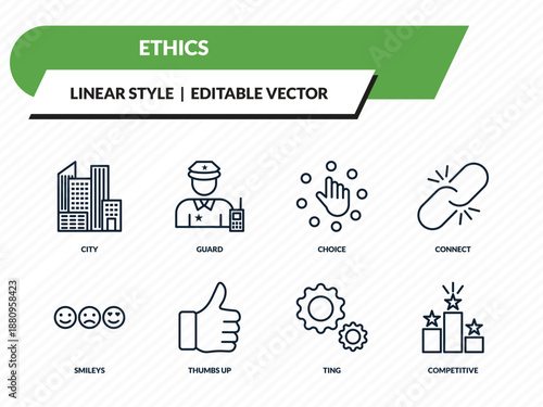 ethics icons set - city, guard, choice, ting, competitive outline vector collection.