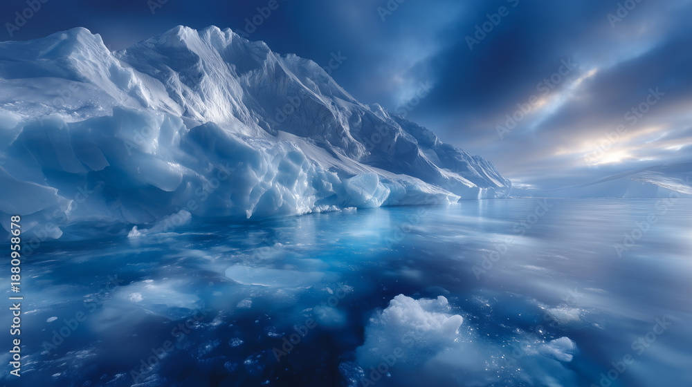 Fototapeta premium South and North pole and all things related high-end expedition travel editorial photography, cool cyan high-key color grading, light icy blue tint, clean bright whites with smooth