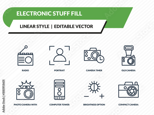 electronic stuff fill icons set - radio, portrait, camera timer, brightness option, compact camera outline vector collection.