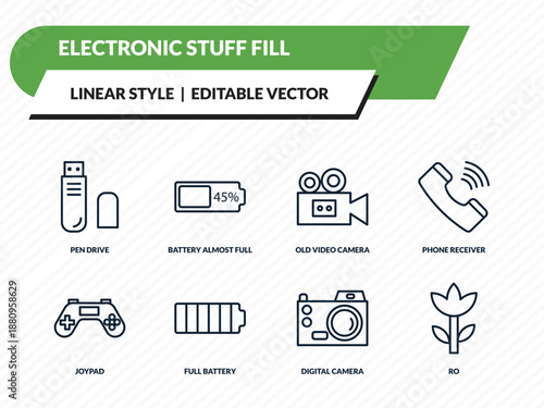 electronic stuff fill icons set - pen drive, battery almost full, old video camera, digital camera, ro outline vector collection.