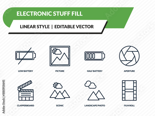 electronic stuff fill icons set - low battery, picture, half battery, landscape photo, film roll outline vector collection.