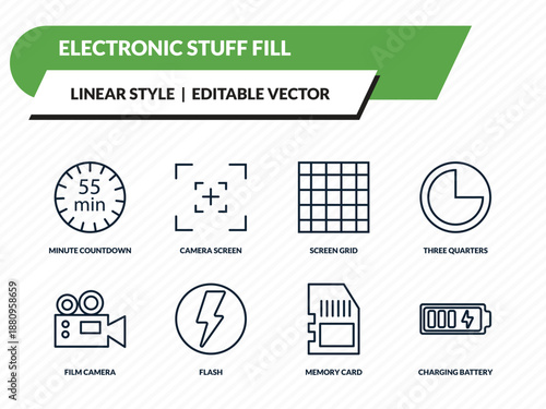 electronic stuff fill icons set - minute countdown, camera screen, screen grid, memory card, charging battery outline vector collection.