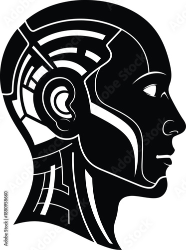 Stylized black and white profile silhouette representing artificial intelligence android technology with visible internal circuit patterns and futuristic humanoid design elements