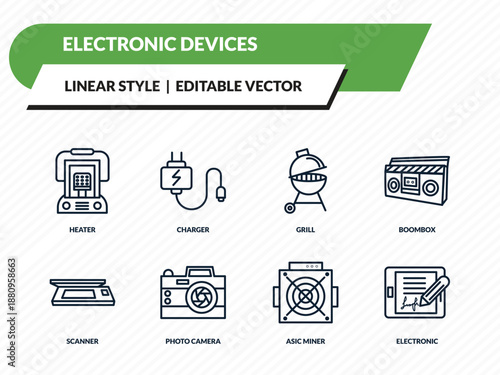 electronic devices icons set - heater, charger, grill, asic miner, electronic outline vector collection.