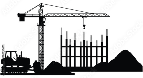 A striking black and white illustration depicts a construction site with a towering crane and partially built structure silhouette high quality