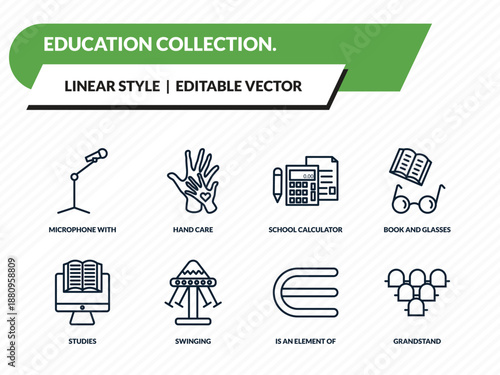 education collection. icons set - microphone with stand, hand care, school calculator, is an element of, grandstand outline vector collection.