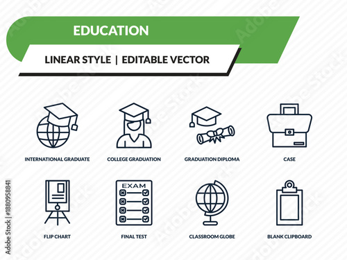 education icons set - international graduate, college graduation, graduation diploma, classroom globe, blank clipboard outline vector collection.