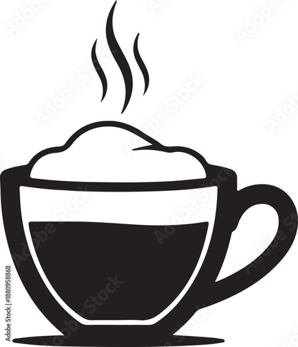 Steaming cup of coffee or tea with foam topping on transparent background