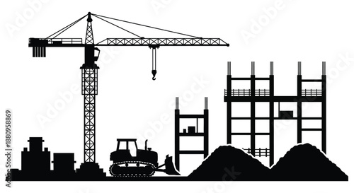 A striking black and white illustration depicts a construction site with a prominent crane building framework and heavy machinery silhouette