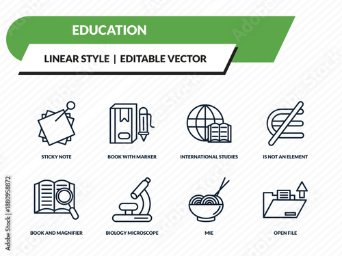 education icons set - sticky note, book with marker, international studies, mie, open file outline vector collection.