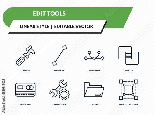 edit tools icons set - cobbler, line tool, curvature, folders, free transform outline vector collection.