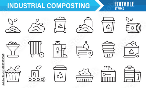 Compost processing and recycling outline icons for industry