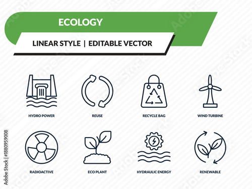 ecology icons set - hydro power, reuse, recycle bag, hydraulic energy, renewable outline vector collection.